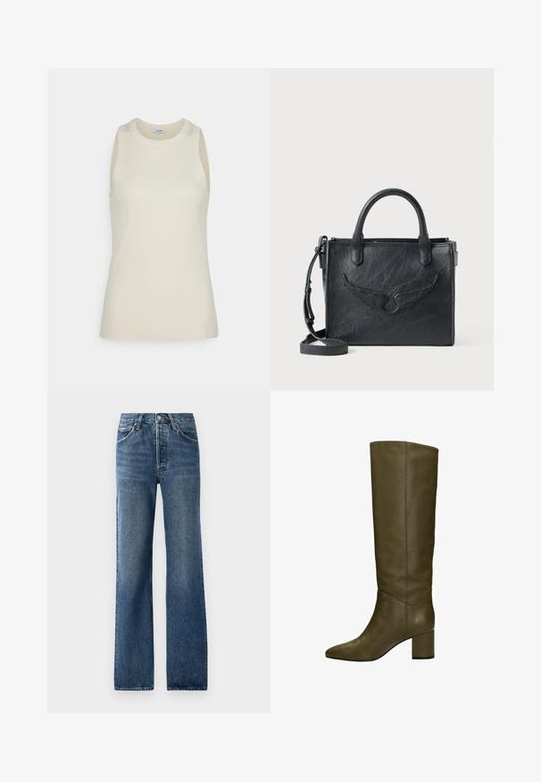 IVY OAK KLARA ANN - Top - almond milk; Blauwe denimjeans met een rechte pijpdesign, voorzien van vijf zakken, een knoopsluiting en lichte vervagingseffecten met subtiele wassing.; Lange olijfgroene leren laarzen met een scherpe neus en een blokhak, met een gladde textuur en minimale stikdetails.; Zwarte lederen handtas met vleugeldesign accent. Heeft twee ronde handvatten en een afneembare schouderband. Textuur oppervlak. Compacte vorm.