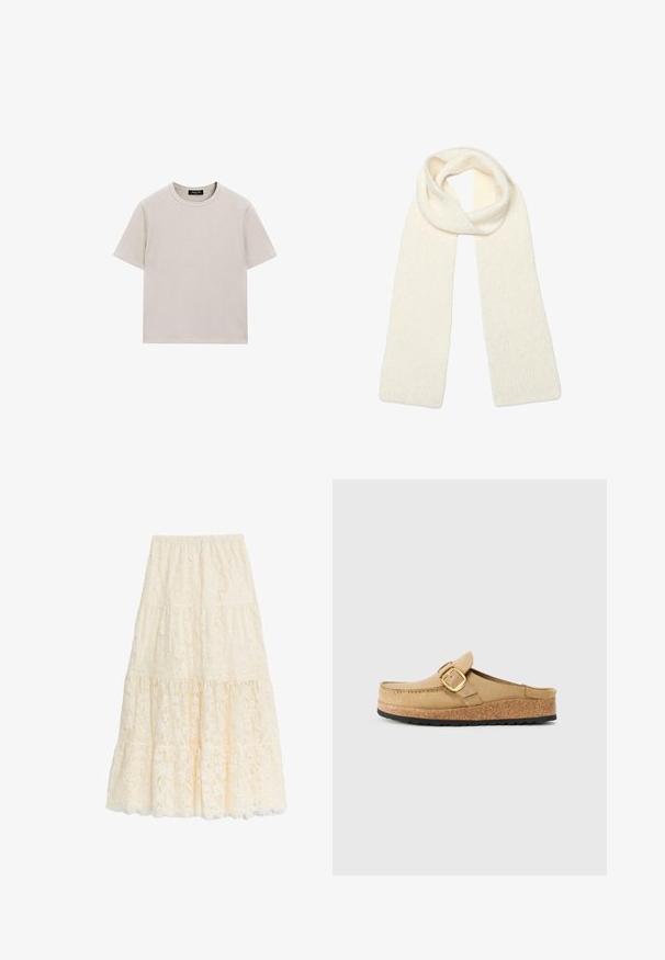 Světle šedé bavlněné tričko s krátkými rukávy, kulatým výstřihem a volným střihem. Obsahuje minimální švy a žádné viditelné vzory nebo akcenty.; Dlouhá krajková sukně v jemné slonovinové barvě, s vícestupňovým designem a krajkovým lemem, elastickým pasem a květinovým krajkovým vzorem po celé ploše.; Béžové dřeváky s širokým popruhem a zlatou sponou, vyrobené z měkkého materiálu, s korkovou mezipodešví a strukturovanou černou gumovou podrážkou.; Měkký, pletený krémově bílý šátek, volně složený nahoře, s oběma konci visícími rovně dolů.; Hnědá semišová taška přes rameno s otevřeným vrchem. Disponuje hlubokým a širokým tělem, vyřezávaným držadlem a minimálním prošíváním pro čistý design.