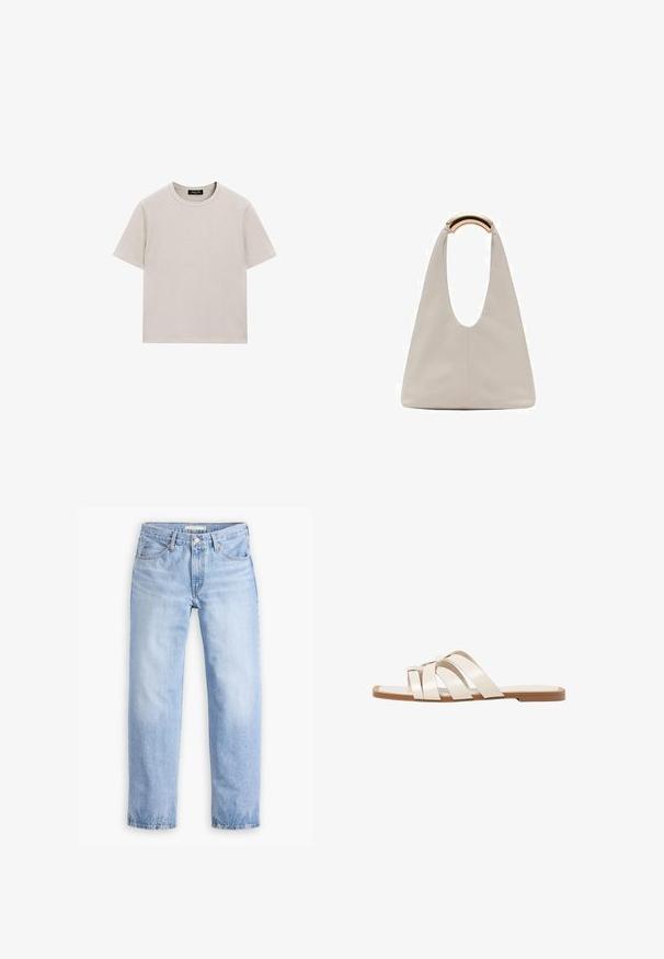 Jasnoszary bawełniany t-shirt z krótkimi rękawami, okrągłym dekoltem i luźnym krojem. Posiada minimalne szwy i brak widocznych wzorów lub akcentów.; Jasnoniebieskie dżinsy o prostym kroju, z pięcioma kieszeniami i średnim stanem. Charakteryzują się wyblakłą teksturą i przeszytymi brzegami.; Płaskie sandały z brązową gumową podeszwą, zaprojektowane z trzema nakładającymi się na siebie białymi skórzanymi paskami i małym detalem w postaci kokardy na środku.; Jasnoszara skórzana torba o kształcie litery U z zakrzywionym metalowym uchwytem. Gładka tekstura z minimalnymi szwami i bez widocznych wzorów.
