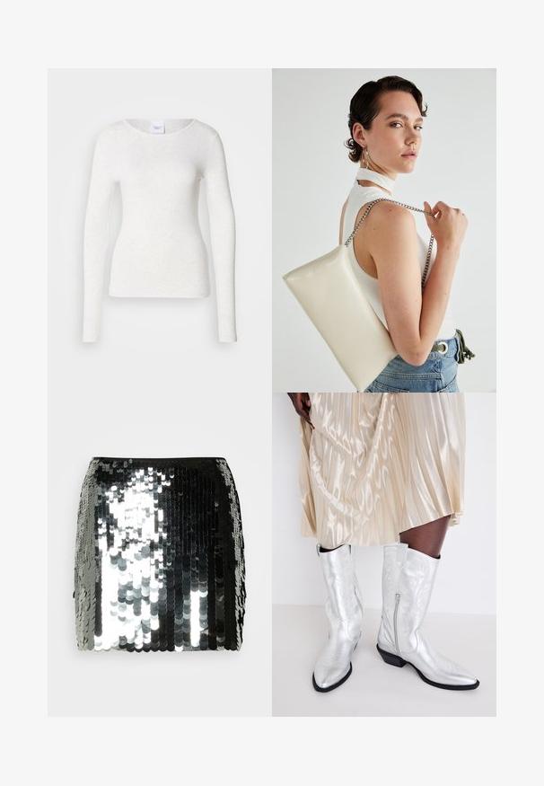 T-shirt branca de manga comprida em tecido macio e leve, com decote redondo e corte justo, apresentando uma textura subtil.; Saia mini preta e prateada com lantejoulas, de cintura alta e superfície refletora e brilhante.; Botas de cowboy prateadas com bicos apontados, costuras intrincadas, fechos laterais e um salto preto baixo, usadas com uma saia plissada de satin.; Bolsa de mão retangular branca, feita de material brilhante, com uma alça em corrente prateada. Modelo posa, exibindo a bolsa contra um fundo simples.