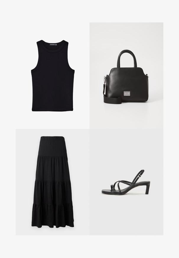 Črna majica brez rokavov iz bombaža, z okroglim izrezom in širokimi odprtinami za roke. Gladka tekstura s šivi na robovih. Klasičen, minimalističen dizajn.; Črna maxi krila iz mehkega blaga, s slojevitim dizajnom, elastičnim pasom in volančki na robu.; Črne natikače s trakovi in kvadratnim prstom ter nizkim blokastim peto. Imajo več tankih trakov in nastavljiv trak okoli gležnja. Narejene so iz gladkega usnja.; Črna sintetična torbica z zgornjimi ročaji, snemljivim ramenskim trakom, zaobljeno obliko, gladko teksturo in srebrnim logotipom na sprednji strani.