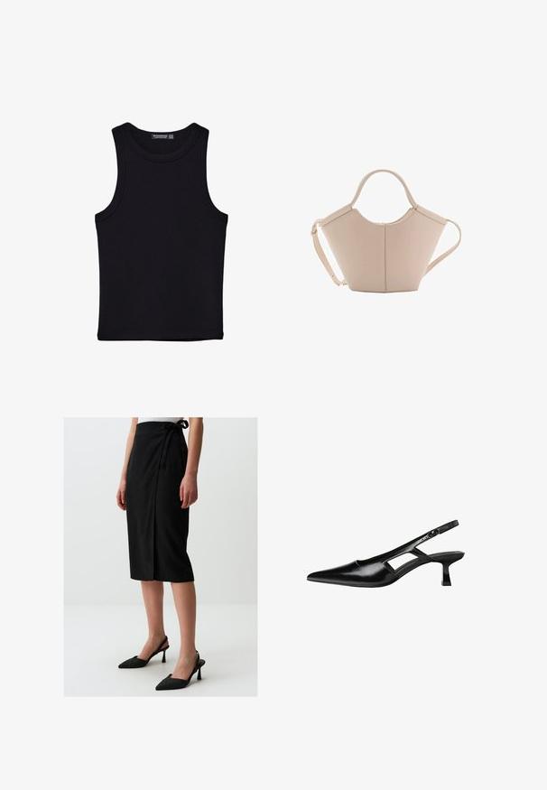 Czarny top na ramionczkach wykonany z bawełny, z okrągłym dekoltem i szerokimi wycięciami na ramionach. Gładka tekstura z przeszytymi brzegami. Klasyczny, minimalistyczny design.; Czarna spódnica do kolan z designem w stylu kopertowym, wykonana z fakturowanej tkaniny, z bocznym wiązaniem. Połączona z czarnymi szpilkami z wąskim noskiem.; Czarne lakierowane czółenka na odkrytej pięcie z wąskim noskiem, z wykrojem po bokach i małym kwadratowym obcasem. Gładka faktura z minimalnymi akcentami.; Beżowa skórzana torebka o unikalnym kształcie, z dwoma krótkimi uchwytami i długim, regulowanym paskiem. Gładka tekstura z minimalną ilością elementów metalowych.