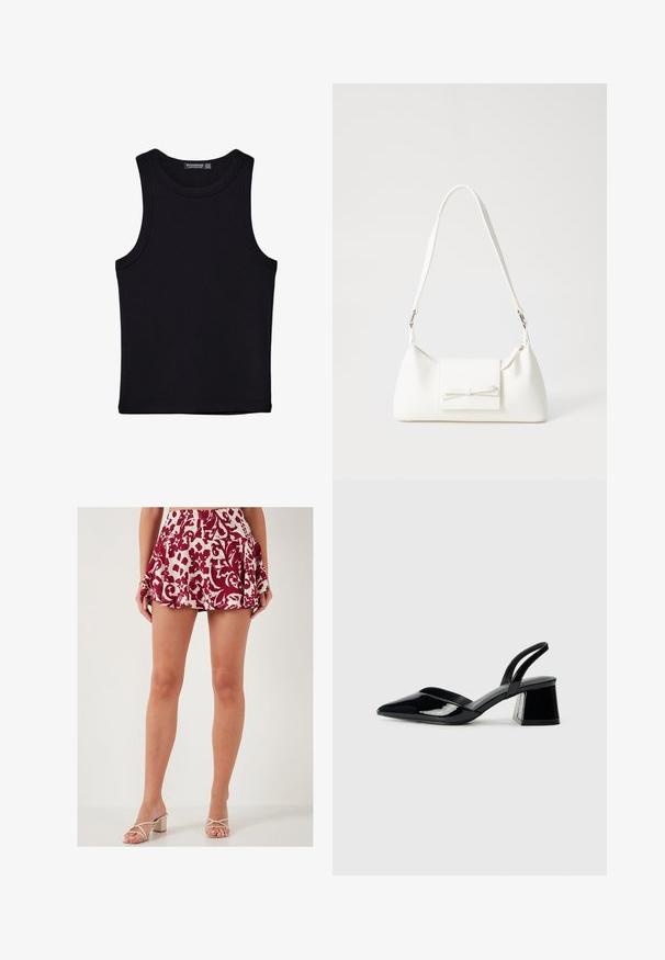 Sort tank top lavet af bomuld, med rund halsudskæring og brede armhuller. Glat tekstur med syede kanter. Klassisk, minimalistisk design.; LELA SLIM FIT - A-snit nederdel - red; Sorte patentlæder slingback hæle med spids tå og en geometrisk blok hæl. Har et elegant, minimalistisk design og en glat tekstur.; Hvid syntetisk håndtaske med en trekantet form, flad forsideklap og sløjfedetalje, justerbar strop, glat tekstur og minimalistisk design.