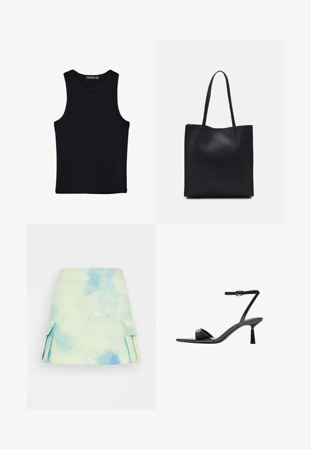 Sort tank top lavet af bomuld, med rund halsudskæring og brede armhuller. Glat tekstur med syede kanter. Klassisk, minimalistisk design.; Kort A-formet nederdel i et pastel akvarelmønster med blå og grønne nuancer. Har sidelommer og en glat stoftekstur.; Bershka Højhælede sandaletter / Højhælede sandaler - black; Sort læder tote taske med glat tekstur, rektangulær form og to lange hanke. Ingen synlig hardware eller udsmykninger.