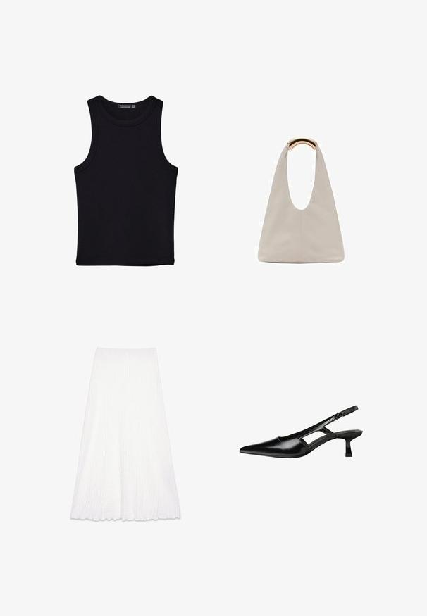 Czarny top na ramionczkach wykonany z bawełny, z okrągłym dekoltem i szerokimi wycięciami na ramionach. Gładka tekstura z przeszytymi brzegami. Klasyczny, minimalistyczny design.; Biała spódnica midi z teksturowanym, pomarszczonym materiałem. Posiada gładki pas i rozkloszowany krój, wykończony falbaniastym końcem.; Czarne lakierowane czółenka na odkrytej pięcie z wąskim noskiem, z wykrojem po bokach i małym kwadratowym obcasem. Gładka faktura z minimalnymi akcentami.; Jasnoszara skórzana torba o kształcie litery U z zakrzywionym metalowym uchwytem. Gładka tekstura z minimalnymi szwami i bez widocznych wzorów.
