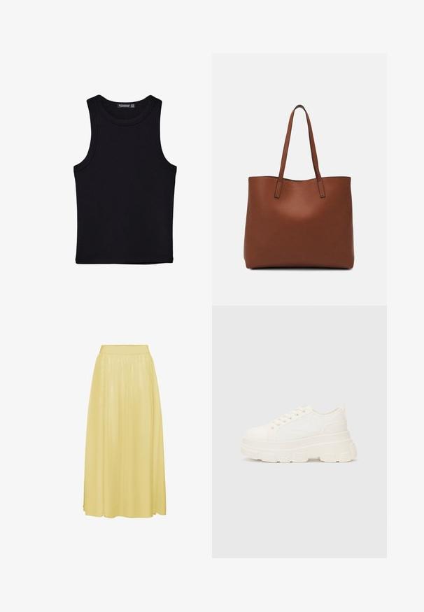 Sort tank top lavet af bomuld, med rund halsudskæring og brede armhuller. Glat tekstur med syede kanter. Klassisk, minimalistisk design.; Gul, ankel-langt nederdel lavet af glat, letvægtsstof. Har elastisk talje og et flydende design med subtil glans.; Hvide lærreds sneakers med en kraftig sål, rund tå og fem snørehuller. Bagstrop for nem påtagning. Glat tekstur, minimalistisk design.; Brun læder tote taske med en glat overflade, åben topdesign og to skulderremme. Har minimal syning og ingen synlig hardware.