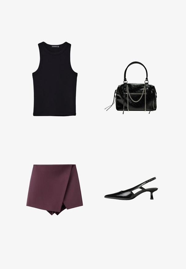 Schwarzes Tanktop aus Baumwolle mit rundem Halsausschnitt und weiten Armöffnungen. Glatte Textur mit genähten Säumen. Klassisches, minimalistisches Design.; Dunkelviolette asymmetrische Minirock mit einem Wickel-Frontdesign und glatter Stofftextur.; Schwarze Lackleder-Slingback-High Heels mit spitzer Zehenform, ausgeschnittenem Seitendesign und kleinem Blockabsatz. Glatte Textur mit minimalen Akzenten.; Bershka WITH CHAIN - Handtasche - black