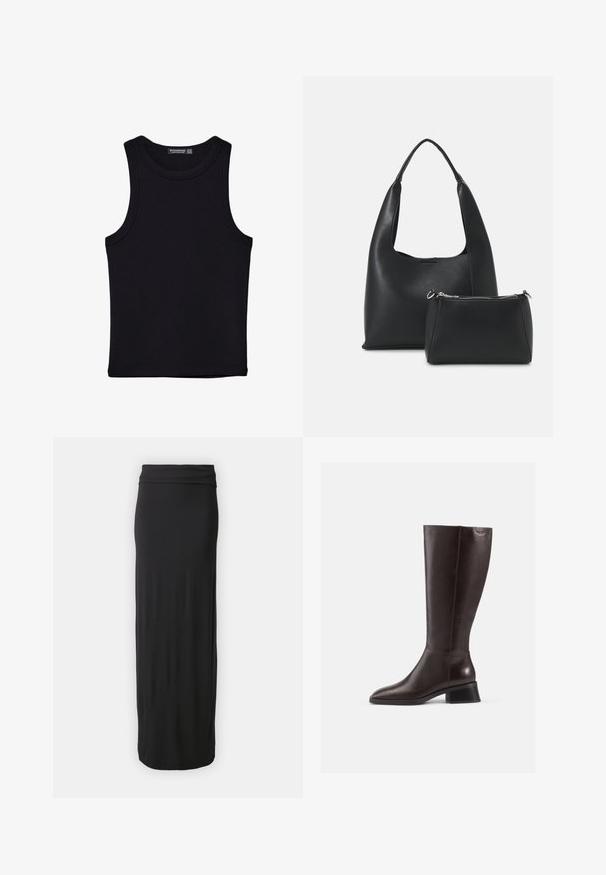 Črna majica brez rokavov iz bombaža, z okroglim izrezom in širokimi odprtinami za roke. Gladka tekstura s šivi na robovih. Klasičen, minimalističen dizajn.; Črna, dolga krila iz mehkega in raztegljivega materiala s prilegajočim pasom. Preprosta, gladka zasnova brez vzorcev ali okrasitev.; Rjav usnjeni škornji do kolen z gladko površino, zaobljenim nosom in črnim zloženim petam. Enostavna zasnova z minimalnimi kovinskimi detajli.; Even&Odd Torbica - black