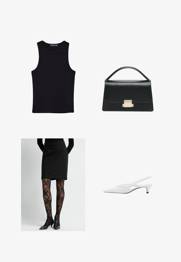 Schwarzes Tanktop aus Baumwolle mit rundem Halsausschnitt und weiten Armöffnungen. Glatte Textur mit genähten Säumen. Klassisches, minimalistisches Design.; Schwarzer Bleistiftrock kombiniert mit transparenten schwarzen Strumpfhosen mit floralen Mustern und schwarzen patentierten Lederabsatzschuhen mit spitzer Spitze und niedrigem Absatz.; Weißer Slingback-Absatzschuh mit spitzer Zehenpartie, featuring ein glattes Obermaterial, subtile Ausschnitte und einen niedrigen Blockabsatz. Die schwarze Sohle betont das Design.; Schwarze Lederhandtasche mit strukturiertem Design, oberem Griff und einem goldenen Metallschnappverschluss auf der Vorderseite. Glatte Textur, minimale Nähte.