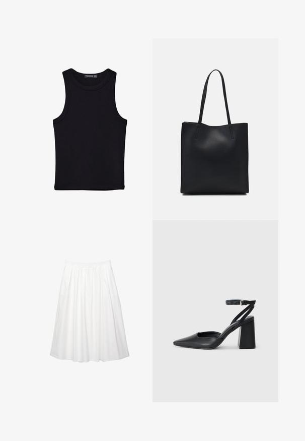 Schwarzes Tanktop aus Baumwolle mit rundem Halsausschnitt und weiten Armöffnungen. Glatte Textur mit genähten Säumen. Klassisches, minimalistisches Design.; Weiße, knielange Rock mit gerafftem Design. Verfügt über einen elastischen Bund für einfaches Anziehen. Hergestellt aus leichtem Baumwollstoff.; Schwarze Leder-Pumps mit spitzer Zehe, einem Knöchelriemen und einem blockigen Absatz. Flache Textur, elegantes Design und minimalistische Ästhetik.; Schwarze Laptoptasche aus Leder mit glatter Textur, rechteckiger Form und zwei langen Griffen. Keine sichtbaren Beschläge oder Verzierungen.
