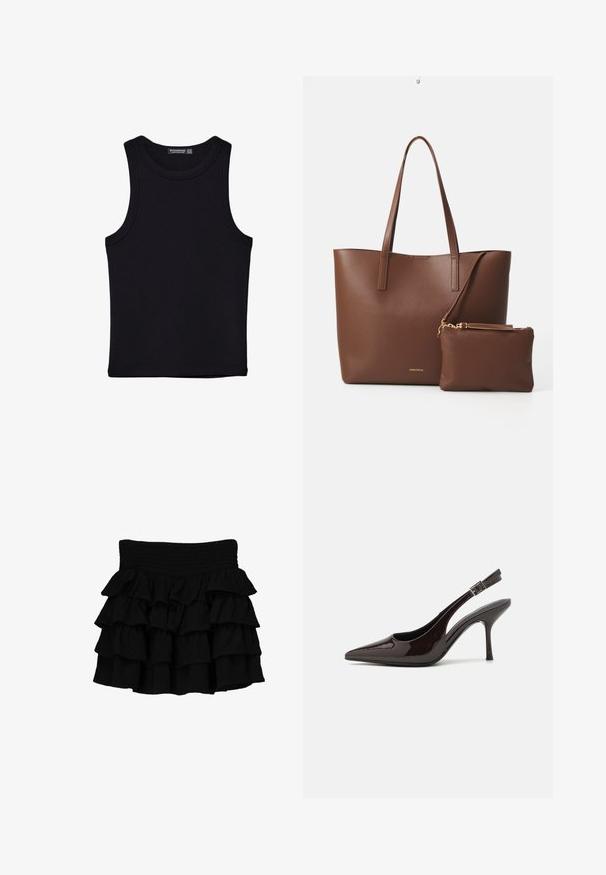 Svart linne i bomull, med rund halsringning och breda armhål. Slät yta med sydda fållar. Klassisk, minimalistisk design.; Svart rynkad kjol med en smockad midja, tillverkad av ett mjukt material med lager av fallande volanger för extra textur.; Högklackad slingback-sko i blankt mörkbrunt lackläder, spetsig tå, öppna sidor och justerbart ankelsnöre.; Brun fusk läder tote-väska med två långa handtag och en matchande liten påse. Ytan har ett strukturerat mönster och guldiga detaljer.