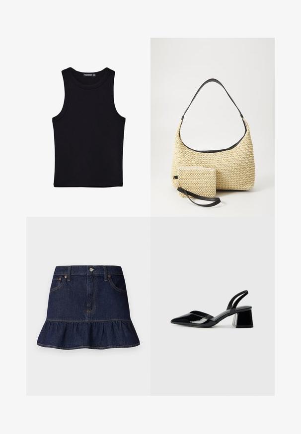 Débardeur noir en coton, avec un col rond et des emmanchures larges. Texture lisse avec des ourlets cousus. Design classique et minimaliste.; Jupe en denim foncé avec ourlet volanté, design à cinq poches, passants de ceinture et fermeture à boutons à l'avant. Texture lisse et coupe droite.; Escarpins en cuir verni noir avec bout pointu et talon bloc géométrique. Présente un design élégant et minimaliste ainsi qu'une texture lisse.; Sac à main en paille tissée avec une silhouette courbée, doté d'une bandoulière en cuir noir lisse et d'une petite pochette assortie attachée par une sangle pour le poignet.