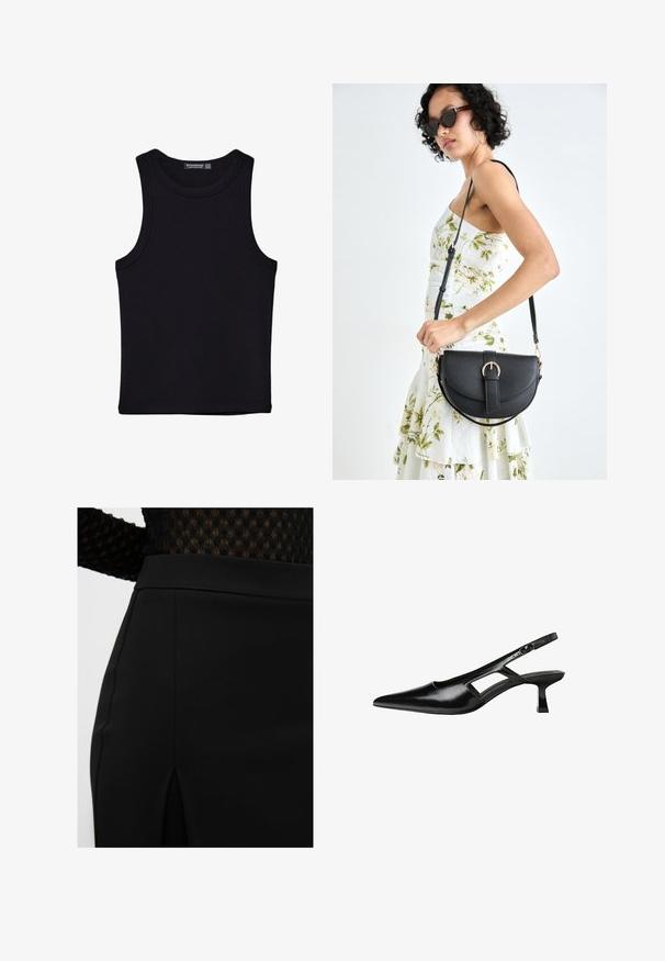 Débardeur noir en coton, avec un col rond et des emmanchures larges. Texture lisse avec des ourlets cousus. Design classique et minimaliste.; Jupe noire en tissu lisse avec un design épuré, une fente sur le côté et des lignes nettes, accentuée par une taille ajustée.; Escarpins slingback en cuir verni noir avec un bout pointu, un design découpé sur les côtés et un petit talon carré. Texture lisse avec des accents minimaux.; Sac à main en cuir noir avec une forme courbée, bandoulière amovible et des accessoires en or. Le sac est doté d'un rabat avec un détail de boucle.