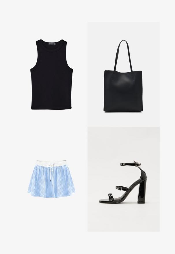 Czarny top na ramionczkach wykonany z bawełny, z okrągłym dekoltem i szerokimi wycięciami na ramionach. Gładka tekstura z przeszytymi brzegami. Klasyczny, minimalistyczny design.; Niebieska i biała spódnica w paski z gumką w pasie, z sznurkiem do zaciągania i rozkloszowanym krojem, zapewniająca wygodę i swobodę ruchów.; Czarne lakierowane sandały na obcasie z kwadratowym noskiem, z paskami wokół kostki i srebrnymi klamrami. Posiadają masywny słupek dla stabilności.; Czarna skórzana torba tote o gładkiej fakturze, prostokątnym kształcie i dwóch długich uchwytach. Brak widocznych elementów metalowych i ozdób.