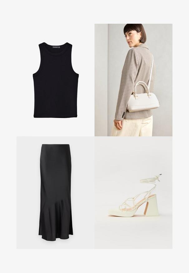 Črna majica brez rokavov iz bombaža, z okroglim izrezom in širokimi odprtinami za roke. Gladka tekstura s šivi na robovih. Klasičen, minimalističen dizajn.; Črna satenska midi krila z elegantnim dizajnom, ki ima rahlo razširitev na robu in stranski razporek za enostavno gibanje. Gladka tekstura.; Bela sandala na visokih petah s debelim petam, ki ima obliko trakcev in vezanje okoli gležnja. Gladka tekstura z platformo spredaj za dodatno višino.; Bela strukturirana torba z kratkimi ročaji in naramnim trakom, z zlatimi okrasnimi elementi in teksturiranim materialom, prikazana na sivi podlagi.