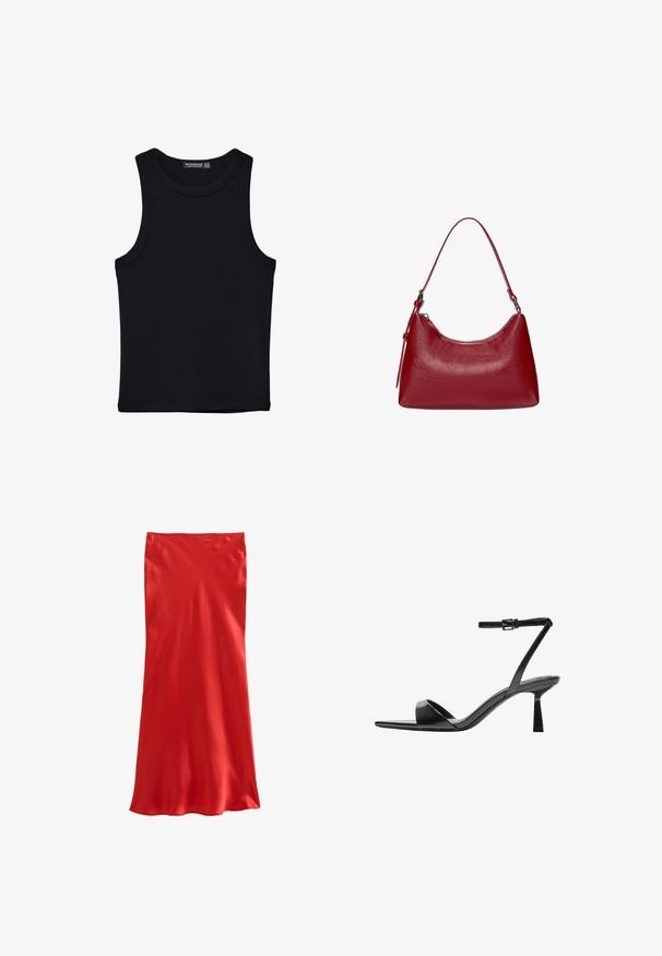 Czarny top na ramionczkach wykonany z bawełny, z okrągłym dekoltem i szerokimi wycięciami na ramionach. Gładka tekstura z przeszytymi brzegami. Klasyczny, minimalistyczny design.; Czerwona satynowa spódnica w kształcie sukienki o prostym kroju, gładkiej fakturze i subtelnym połysku. Prosty fason bez widocznych wzorów czy zdobień.; Bershka - Sandały na obcasie; Czerwona skórzana torebka na ramię o zakrzywionym kształcie, gładkiej fakturze i zamek błyskawiczny. Posiada cienką rączkę do noszenia.