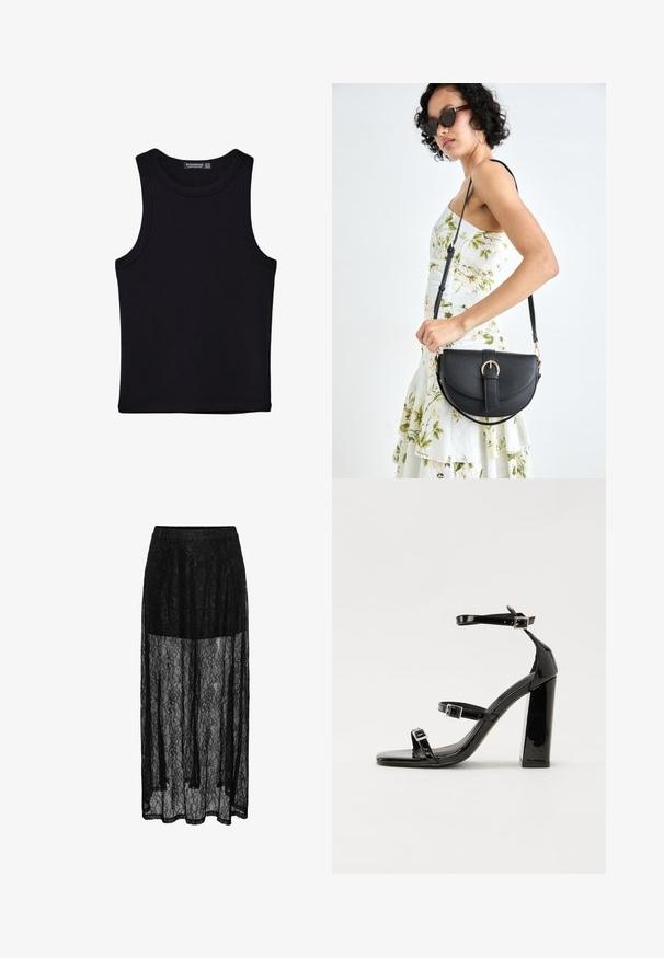 Schwarzes Tanktop aus Baumwolle mit rundem Halsausschnitt und weiten Armöffnungen. Glatte Textur mit genähten Säumen. Klassisches, minimalistisches Design.; Schwarze Maxiröhre aus Spitze mit transparenter Überlage, die ein florales Muster zeigt und über einen elastischen Bund für Komfort verfügt. Langer, fließender Silhouette.; Schwarze Lackleder-Sandalen mit hohen Absätzen, zwei Riemen mit Schnallen, quadratischer Zehenpartie und klobigem Blockabsatz, mit einer glatten, glänzenden Textur.; Schwarze Lederhandtasche mit geschwungener Form, abnehmbarem Tragegurt und goldenen Beschlägen. Die Tasche verfügt über einen Deckel mit einer Schnallen-Details.