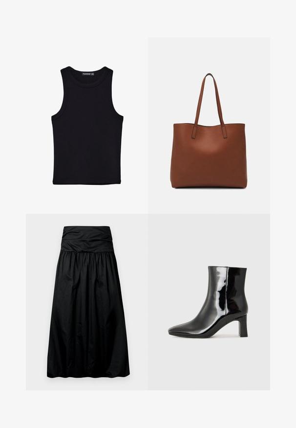 Zwarte tanktop gemaakt van katoen, met een ronde halslijn en brede armopeningen. Gladde textuur met gestikte zomen. Klassiek, minimalistisch ontwerp.; Zwarte, mid-lange rok met een geplooid ontwerp, gemaakt van een glad materiaal. Voorzien van een brede, gerimpelde tailleband aan de bovenkant.; Zwarte gepolijste leren enkellaars met een spitse neus en een blokhak van gemiddelde hoogte. Glad textuur en minimalistisch ontwerp.; Bruine leren tote bag met een gladde textuur, een ontwerp met een open bovenkant en twee schouderbanden. Kenmerkt zich door minimale stiksels en geen zichtbare hardware.