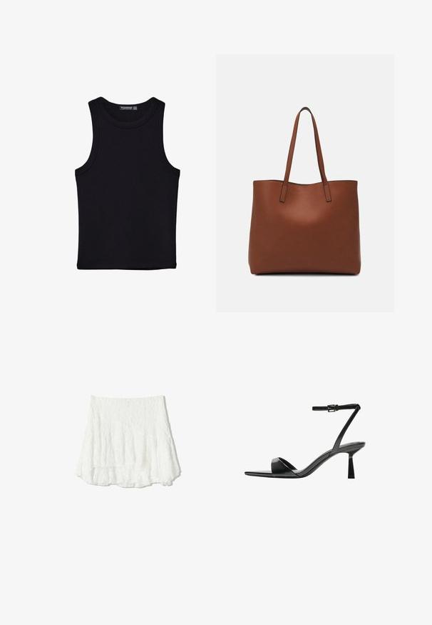 Svart linne i bomull, med rund halsringning och breda armhål. Slät yta med sydda fållar. Klassisk, minimalistisk design.; Vit, strukturerad minikjol med lager på lager och volangkant. Tillverkad av lätt tyg, med en krinklad yta och elastisk midja.; Bershka Sandaletter - black; Brun läder tote-väska med en slät textur, öppen toppdesign och två axelremmar. Har minimal söm och ingen synlig metalldetalj.