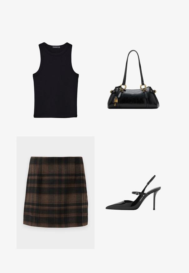 Canotta nera in cotone, caratterizzata da un colletto rotondo e ampi giromanica. Texture liscia con orli cuciti. Design classico e minimalista.; Gonna mini a quadri nei toni marrone, nero e beige, realizzata in tessuto testurizzato, con un design aderente e cuciture laterali per la struttura.; Slingback in vernice nera con tacco a stiletto, punta affusolata e cinturino regolabile. Superficie liscia con finitura lucida.; Borsa a mano in pelle nera con una texture liscia, forma arrotondata, dettagli in hardware dorato e doppi manici. Presenta un lucchetto decorativo sul lato.