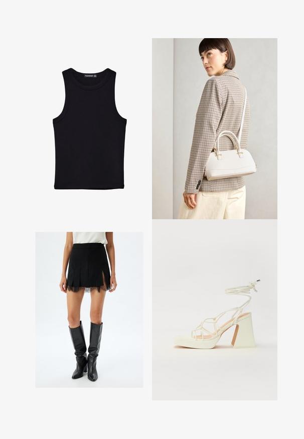 Sort tank top lavet af bomuld, med rund halsudskæring og brede armhuller. Glat tekstur med syede kanter. Klassisk, minimalistisk design.; Sort plisseret mini nederdel med blonderel med kanten, med sideslids. Sammen med knæhøje sorte læder støvler.; Hvide højhælede sandaler med en kraftig hæl, der har et stropdesign og ankelbinding. Glat tekstur med en platform foran for ekstra højde.; Hvid struktureret taske med korte håndtag og en skulderrem, prydet med guldfarvede hardwaredetaljer og tekstureret materiale, præsenteret mod en grå baggrund.