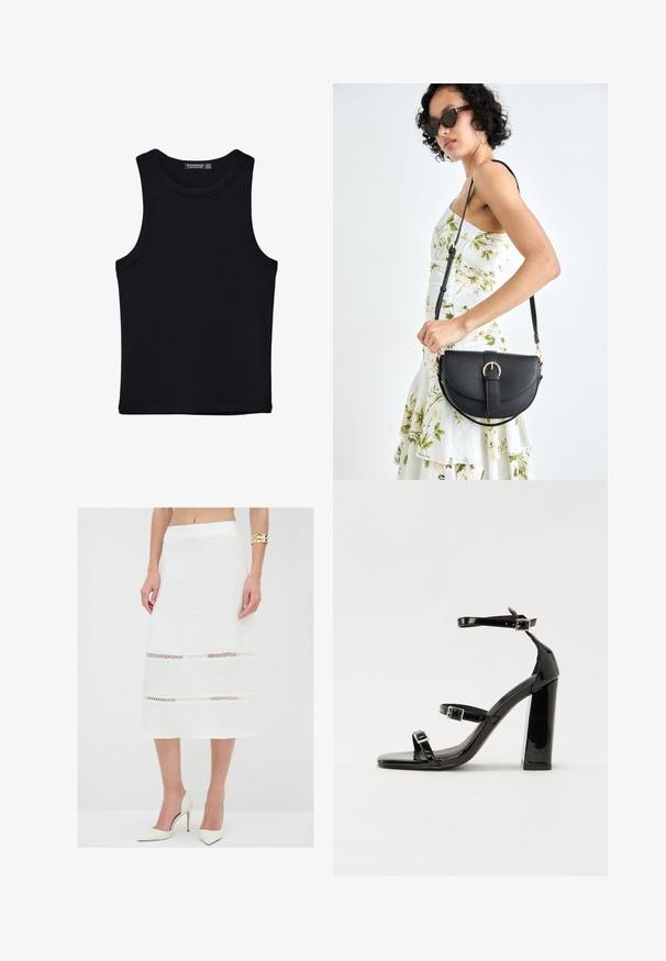 Débardeur noir en coton, avec un col rond et des emmanchures larges. Texture lisse avec des ourlets cousus. Design classique et minimaliste.; Jupe en lin blanc avec une coupe droite, ornée de détails en crochet en deux bandes horizontales. Ourlet fini et texture lisse.; Sandales à talons vernies noires avec un bout carré, des sangles autour de la cheville et des boucles en argent. Dotées d'un talon bloc épais pour plus de stabilité.; Sac à main en cuir noir avec une forme courbée, bandoulière amovible et des accessoires en or. Le sac est doté d'un rabat avec un détail de boucle.
