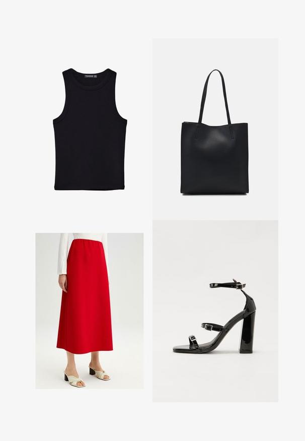 Czarny top na ramionczkach wykonany z bawełny, z okrągłym dekoltem i szerokimi wycięciami na ramionach. Gładka tekstura z przeszytymi brzegami. Klasyczny, minimalistyczny design.; Czerwona spódnica A-linii wykonana z gładkiego materiału z elastycznym paskiem w talii. Połączona z kremowymi butami na płaskiej podeszwie z węzłem.; Czarne lakierowane sandały na wysokim obcasie, z dwoma paskami zapinanymi na klamry, kwadratowy nosek i masywny obcas typu słupek, o gładkiej, błyszczącej fakturze.; Czarna skórzana torba tote o gładkiej fakturze, prostokątnym kształcie i dwóch długich uchwytach. Brak widocznych elementów metalowych i ozdób.