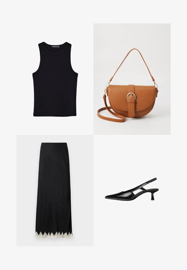 Sort tank top lavet af bomuld, med rund halsudskæring og brede armhuller. Glat tekstur med syede kanter. Klassisk, minimalistisk design.; Sort maxi nederdel i glat stof med høj slids og detaljeret hvid blondekant ved skørtet, med lige snit og minimalistisk design.; Sorte patentlæder slingback hæle med spids tå, udskåret sideskærm og en lille firkantet hæl. Glat tekstur med minimale detaljer.; Brun læder crossbody taske med en buet form, guldfarvet hardware og en spændeaccent. Har en aftagelig skulderrem.