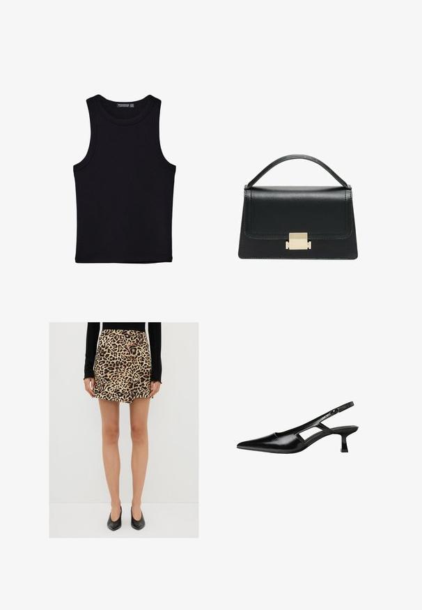 Sort tank top lavet af bomuld, med rund halsudskæring og brede armhuller. Glat tekstur med syede kanter. Klassisk, minimalistisk design.; Mini nederdel i leopardmønster lavet af blødt stof, med høj talje og lige pasform. Kombineret med sorte spidse hæle.; Sorte patentlæder slingback hæle med spids tå, udskåret sideskærm og en lille firkantet hæl. Glat tekstur med minimale detaljer.; Sort læderhandtaske med et struktureret design, topbærerhåndtag og en detalje i guldfarvet metalklap på fronten. Glat tekstur, minimal syning.
