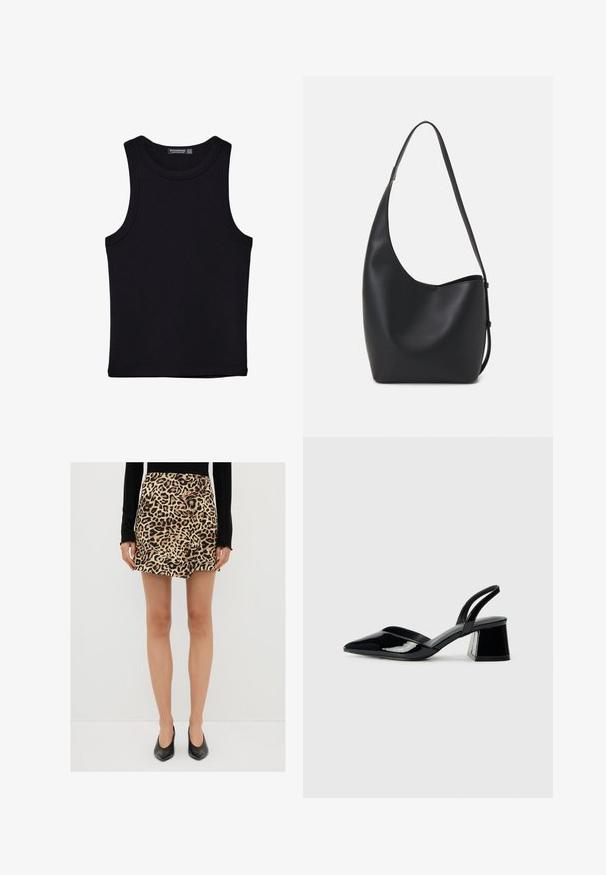 Sort tank top lavet af bomuld, med rund halsudskæring og brede armhuller. Glat tekstur med syede kanter. Klassisk, minimalistisk design.; Mini nederdel i leopardmønster lavet af blødt stof, med høj talje og lige pasform. Kombineret med sorte spidse hæle.; Sorte patentlæder slingback hæle med spids tå og en geometrisk blok hæl. Har et elegant, minimalistisk design og en glat tekstur.; Sort læder hobo taske med en glat overflade, buet form og en enkelt justerbar rem; har en bred åbning øverst.