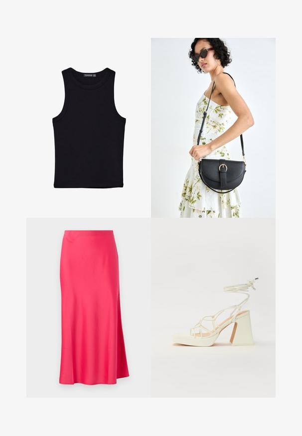 Crni top bez rukava od pamuka, s okruglim izrezom i širokim izrezima za ruke. Glatka tekstura s ušivenim rubovima. Klasičan, minimalistički dizajn.; Satin midi suknja u svijetlo ružičastoj boji s bočnim prorezom. Glatka tekstura, ravna silueta i jednostavna pojas bez ukrasa.; Bijela sandala na visokoj potpetici s debelim petom, s remenom i vezanjem oko gležnja. Glatka tekstura s platformom sprijeda za dodatnu visinu.; Crna kožna torba s lukovitim oblikom, odvojivim remenom i zlatnim detaljima. Torba ima preklop s kopčom.