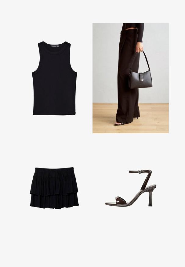 Czarny top na ramionczkach wykonany z bawełny, z okrągłym dekoltem i szerokimi wycięciami na ramionach. Gładka tekstura z przeszytymi brzegami. Klasyczny, minimalistyczny design.; Czarna mini spódnica warstwowa z falbanami, wykonana z miękkiego materiału i z elastycznym pasem dla komfortu. Lekka struktura z warstwowymi falbanami.; Brązowe lakierowane skórzane sandały na wysokim obcasie z paskiem wokół kostki, otwartym noskiem i eleganckim, minimalistycznym designem. Posiadają kwadratowy obcas.; Czarna torebka o usztywnionym kształcie, gładkiej fakturze i metalowym zapięciem. Połączona z szerokimi czarnymi spodniami i sandałami na otwartym palcu na drewnianej podłodze.