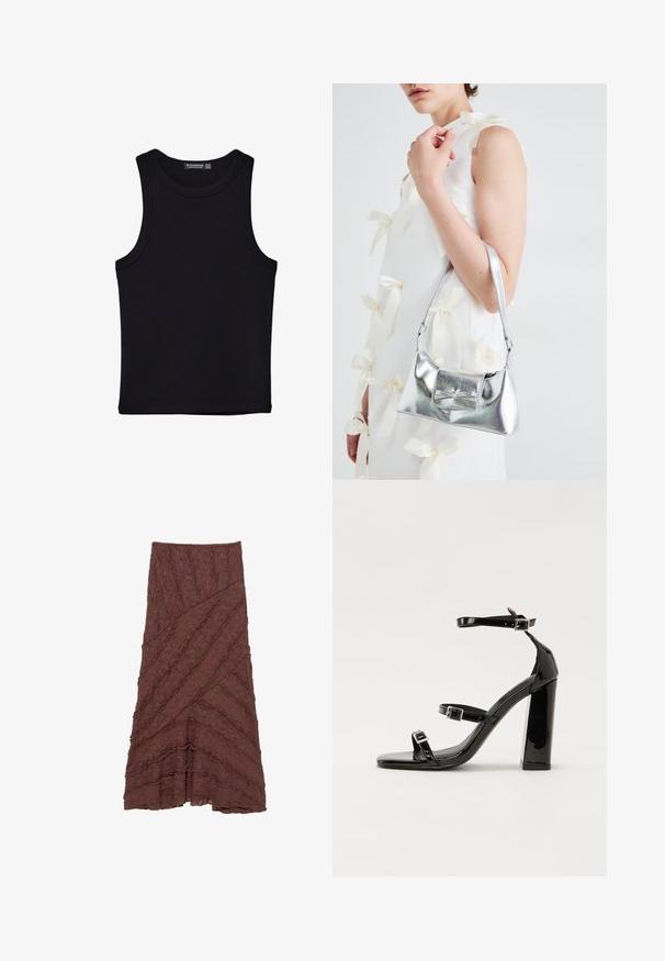 Sort tank top lavet af bomuld, med rund halsudskæring og brede armhuller. Glat tekstur med syede kanter. Klassisk, minimalistisk design.; Brun tekstureret nederdel med et lagdelt, bølget design og diagonale mønstre, der har volangdetaljer langs kanterne og en udvidet silhuet.; Sorte laklædersandaler med høje hæle, to spænderemme, firkantet tå og en kraftig blokhæl, der har en glat, blank overflade.; Sølvmetallic håndtaske med en struktureret form, der har et topgreb og en sløjfedetalje på forsiden. Glat tekstur, reflekterende finish.