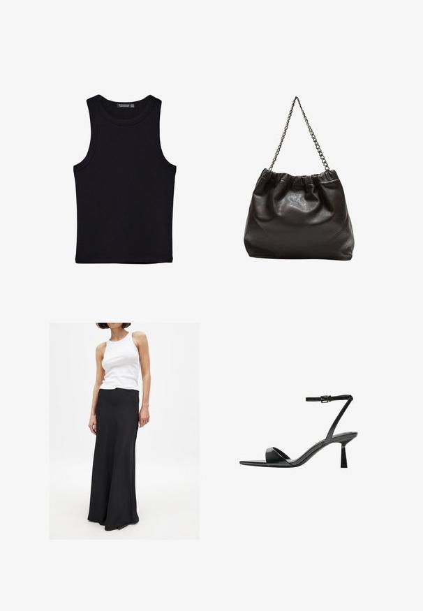 Canotta nera in cotone, caratterizzata da un colletto rotondo e ampi giromanica. Texture liscia con orli cuciti. Design classico e minimalista.; Gonna nera lunga fino al pavimento, realizzata in tessuto liscio, con vita aderente e una leggera svasatura verso l'orlo. Abbinata a un top bianco senza maniche.; Bershka Sandali con tacco - black; Borsa in pelle marrone con parte superiore arricciata e tracolla a catena. Texture liscia con finitura lucida e dettagli di cucitura sottili sui lati.