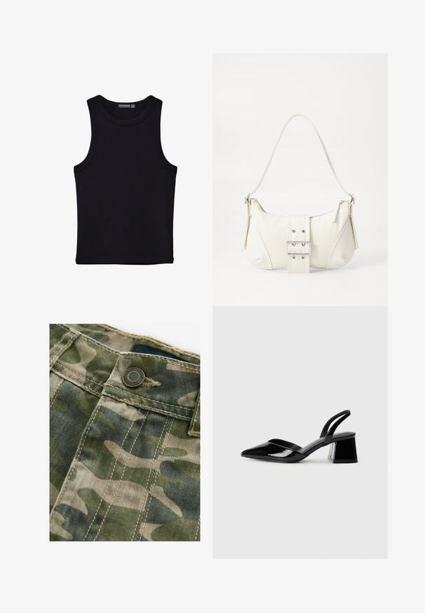 Black tank top made of cotton, featuring a round neckline and wide armholes. Smooth texture with stitched hems. Classic, minimalist design.; Camo-patterned fabric in shades of green and beige with visible stitching. Features a metal button at the waist, denim texture.; Black patent leather slingback heels with a pointed toe and a geometric block heel. Features a sleek, minimal design and smooth texture.; White shoulder bag with a textured finish, a central buckle accent, and a curved shape. Zipper closures on both sides.