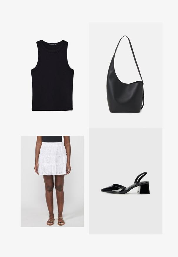 Canotta nera in cotone, caratterizzata da un colletto rotondo e ampi giromanica. Texture liscia con orli cuciti. Design classico e minimalista.; Gonna mini bianca a strati con ricamo a occhio e vita arricciata. Indossata con sandali piatti con cinturini.; Décolleté in vernice nera con punta affusolata e tacco in geometria cubica. Presentano un design elegante e minimalista, con una texture liscia.; Borsa hobo nera in pelle con una superficie liscia, forma curvata e una singola tracolla regolabile; presenta un'ampia apertura nella parte superiore.