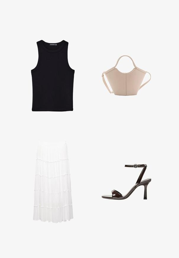 Schwarzes Tanktop aus Baumwolle mit rundem Halsausschnitt und weiten Armöffnungen. Glatte Textur mit genähten Säumen. Klassisches, minimalistisches Design.; Weiße, gestufte Rock aus leichtem Stoff, mit einem dehnbaren Bund, Rüschenschichten und einem fließenden Design, das bis zur Mitte der Wade reicht.; Braune Lackleder-High-Heelsandale mit einem Knöchelriemen, offener Zehenpartie und einem schlanken, minimalistischen Design. Verfügt über einen quadratischen Absatz.; Beige Lederhandtasche mit einer einzigartigen Form, die zwei kurze Henkel und einen langen verstellbaren Riemen aufweist. Glatte Textur mit minimalen Hardware-Elementen.