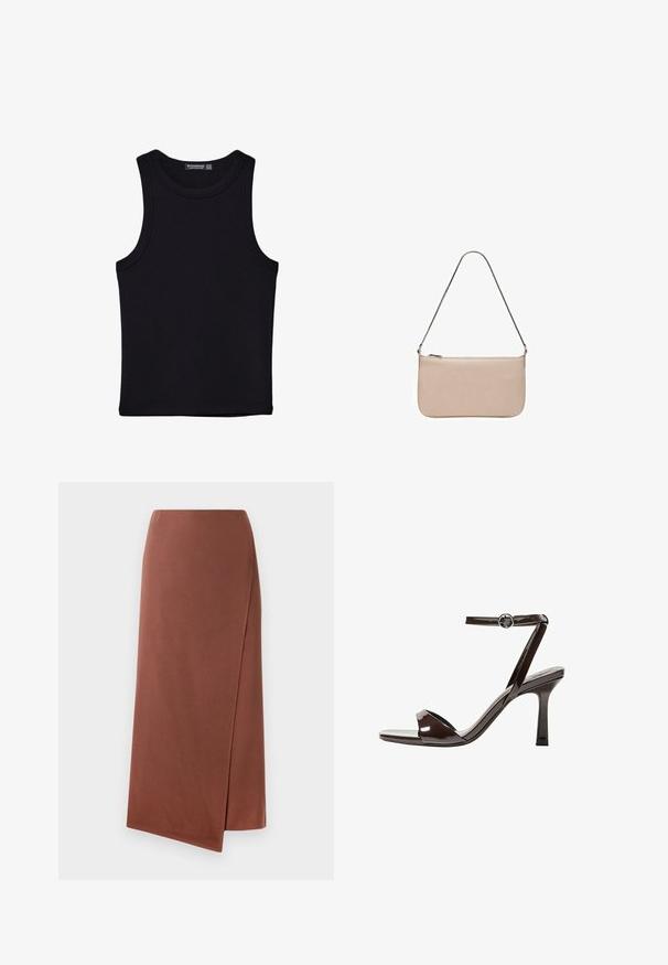 Črna majica brez rokavov iz bombaža, z okroglim izrezom in širokimi odprtinami za roke. Gladka tekstura s šivi na robovih. Klasičen, minimalističen dizajn.; Rjava, dolga obleka s prekrivanjem iz gladkega materiala s ravno silhueto. Ima stranski razporek za lažje gibanje. Enostaven dizajn brez vzorcev.; Rjave visokosprti sandali iz pateniranega usnja z zaponko okoli gležnja, odprto konico in eleganten, minimalističen dizajn. Imajo kvadratno peto.; Bežna pravokotna torba z gladko teksturo, srebrno verižico in zadrgo na vrhu. Preprost, minimalističen dizajn.