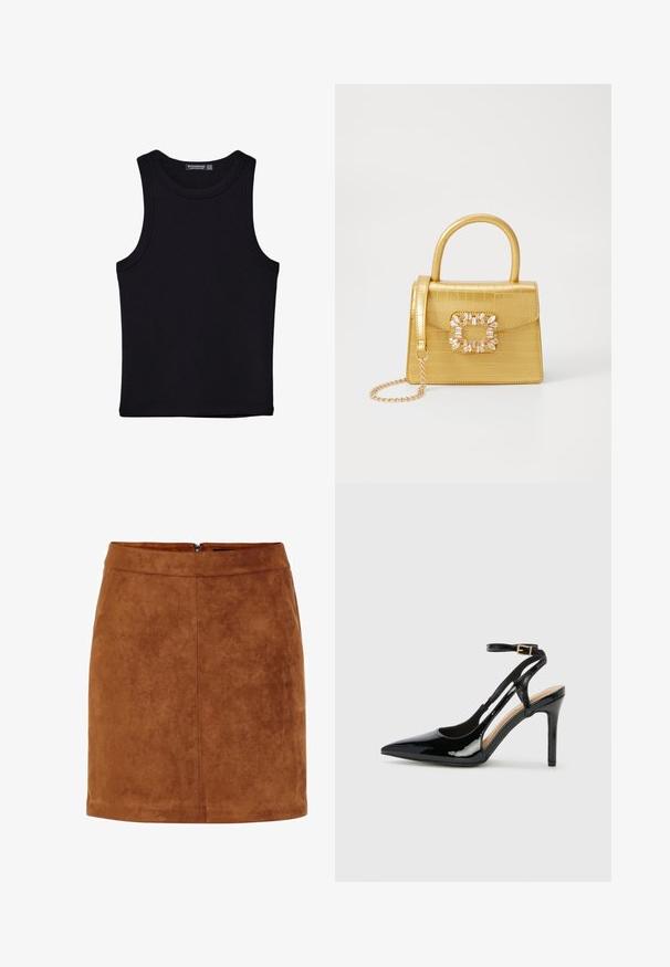 Schwarzes Tanktop aus Baumwolle mit rundem Halsausschnitt und weiten Armöffnungen. Glatte Textur mit genähten Säumen. Klassisches, minimalistisches Design.; Brauner Wildleder-Minirock aus glattem Material, mit geradem Schnitt und unsichtbarem Reißverschluss auf der Rückseite. Mit Nahtdetails für mehr Struktur.; Schwarze Patentleder-High-Heel-Slingback-Pumps mit spitzem Zeh, verstellbarem Knöchelriemen und offenen Seiten. Glatte Textur.; Gelbe Kunstleder-Handtasche im Krokodil-Look mit strukturiertem Design, Obergriff, abnehmbarem Kettenriemen und dekorativer Kristallverzierung am Verschluss.