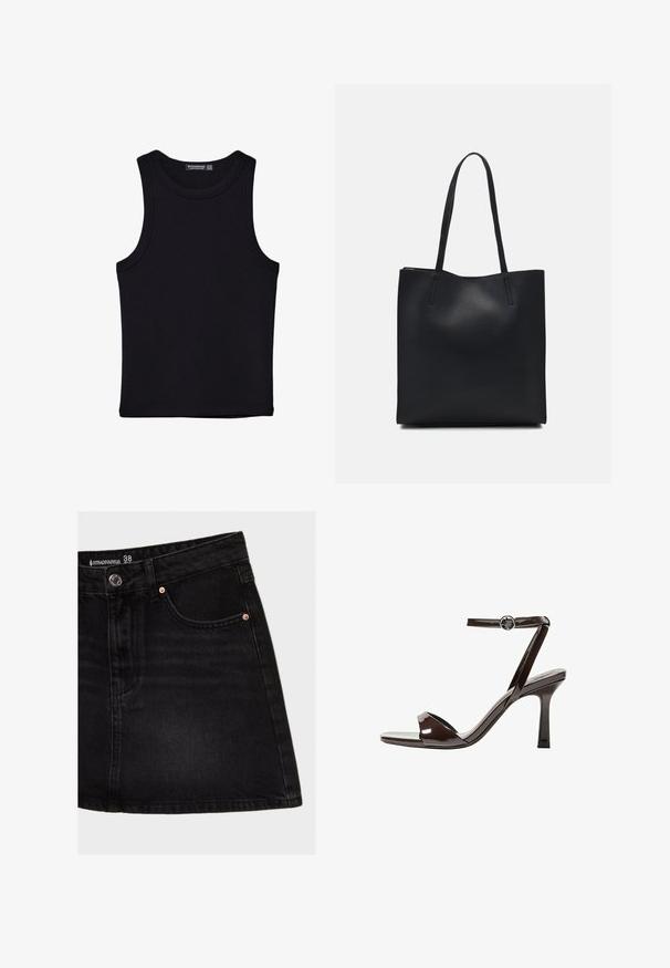Černý top na ramínka vyrobený z bavlny, s kulatým výstřihem a širokými průramky. Hladká textura s prošitými lemy. Klasický, minimalistický design.; Černá džínová sukně s vysokým pasem, obsahující přední kapsu, měděné nýty a rovný střih. Tkanina má hladkou texturu.; Hnědé lakované kožené sandály na vysokém podpatku s páskem kolem kotníku, otevřenou špičkou a elegantním, minimalistickým designem. Obsahují čtvercový podpatek.; Černá kožená taška přes rameno s hladkým povrchem, obdélníkovým tvarem a dvěma dlouhými uchy. Žádné viditelné kování ani ozdoby.