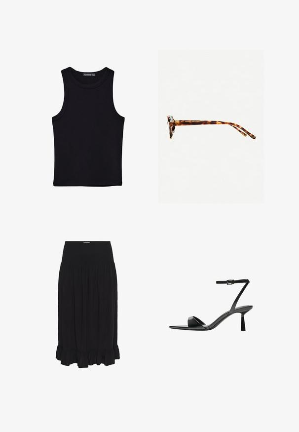 Black tank top made of cotton, featuring a round neckline and wide armholes. Smooth texture with stitched hems. Classic, minimalist design.; Black midi skirt with a smocked waistband, made of lightweight fabric, featuring pleats and a ruffled hem for added detail.; Bershka High heeled sandals - black; Tortoiseshell sunglasses with a thick frame, slightly curved temples, and smooth texture. Features a classic design with a glossy finish.; Black leather handbag with a structured design, top handle, and a gold metal clasp detail on the front. Smooth texture, minimal stitching.