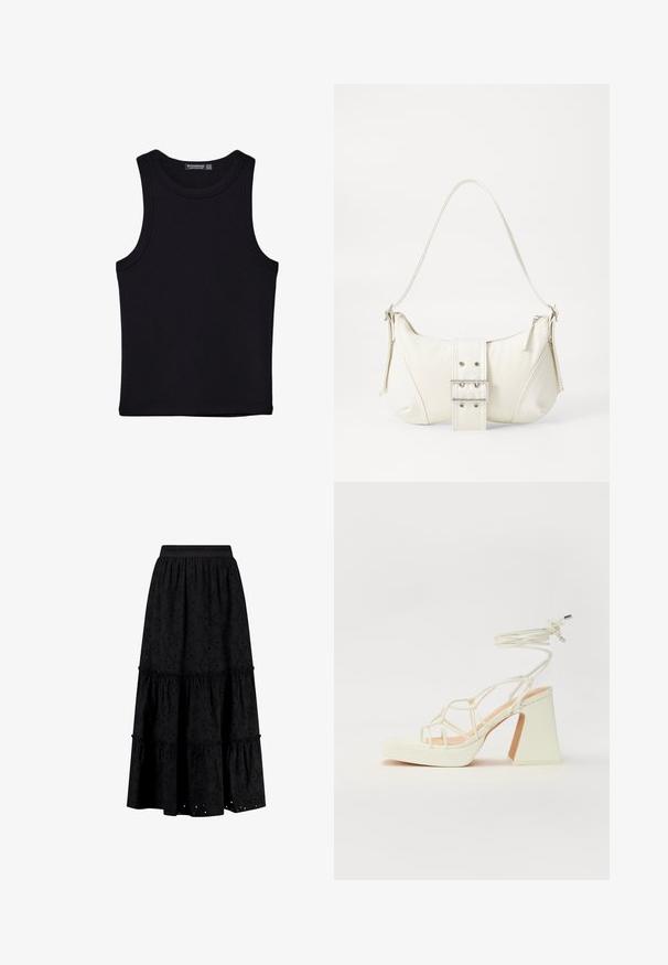 Musta hihaton paita, joka on valmistettu puuvillasta, ja jossa on pyöreä kaula-aukko sekä leveät kainaloaukot. Silkkinen pinta ja ommellut reunat. Klassinen, minimalistinen muotoilu.; Shiwi GIGI EMBRODERIE - Maksihame - broderie black; Valkoinen korkokenkä, jossa on paksu korko, ja joka sisältää nauhakiinnityksen ja nilkkaketjun. Sujuva pinta, jossa on platform-etupohja lisäkorkeutta varten.; Valkoinen olkalaukku, jossa on teksturoitu pinta, keskeinen solkiyksityiskohta ja kaareva muoto. Vetoketjusulkimet kummallakin puolella.