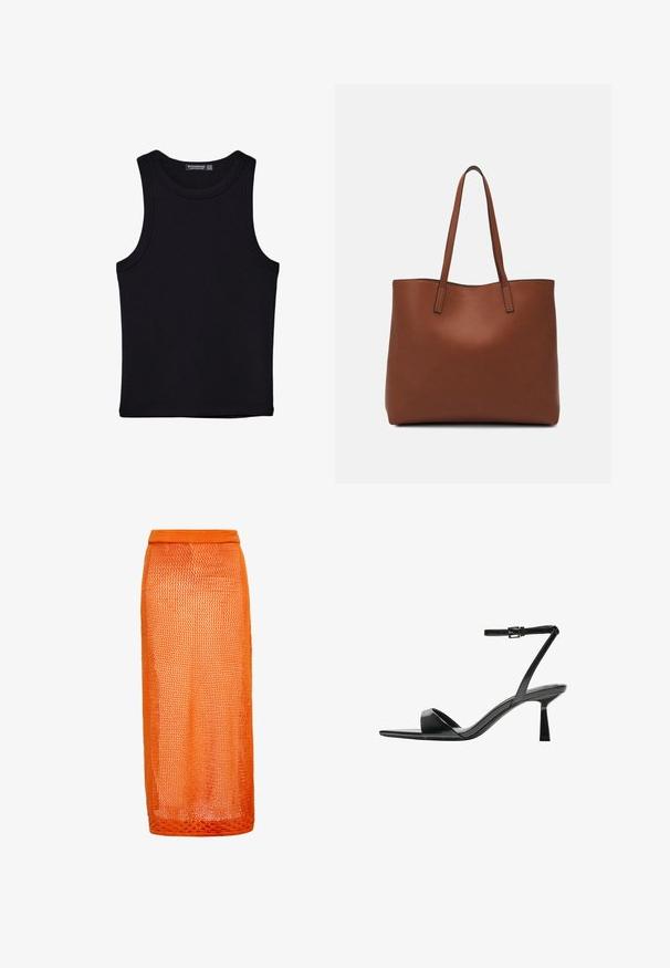 Schwarzes Tanktop aus Baumwolle mit rundem Halsausschnitt und weiten Armöffnungen. Glatte Textur mit genähten Säumen. Klassisches, minimalistisches Design.; Oranger, gestrickter Midirock mit Netzdesign. Verfügt über einen figurbetonten Bund und ein leichtes, strukturiertes Finish.; Bershka High Heel Sandalette - black; Braune Leder-Tote mit glatter Textur, offenem Oberteil und zwei Schulterriemen. Verfügt über minimale Nähte und keine sichtbaren Beschläge.