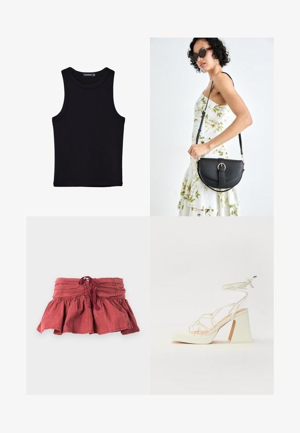 Musta hihaton paita, joka on valmistettu puuvillasta, ja jossa on pyöreä kaula-aukko sekä leveät kainaloaukot. Silkkinen pinta ja ommellut reunat. Klassinen, minimalistinen muotoilu.; Punainen kerätty minihelmamekko, jossa on solmittava vyötärö, flared-muotoinen design ja teksturoitu kangas. Sileä pinta, jossa on kevyitä ryppyjä.; Valkoinen korkokenkä, jossa on paksu korko, ja joka sisältää nauhakiinnityksen ja nilkkaketjun. Sujuva pinta, jossa on platform-etupohja lisäkorkeutta varten.; Musta nahkainen käsilaukku, joka on kaareva muotoilultaan, irrotettavalla hihnalla ja kultaisilla yksityiskohdilla. Laukussa on läppä, jossa on solk yksityiskohta.