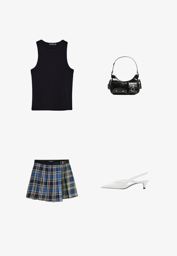Črna majica brez rokavov iz bombaža, z okroglim izrezom in širokimi odprtinami za roke. Gladka tekstura s šivi na robovih. Klasičen, minimalističen dizajn.; Mini krilo z gubami in dvobarvnim karirastim vzorcem v modri, oranžni, zeleni in mornarsko modri barvi, ki ima črn pas in zaponko.; Bela slingback peta z ošiljenim nosom, z gladkim zgornjim delom, subtilnimi izrezi in nizkim blok petkom. Črna podplat poudarja dizajn.; Črna lakasta usnjena torbica s ukrivljeno obliko, enim ramenskim trakom, sprednjimi žepi in srebrnimi kovinskimi dodatki.