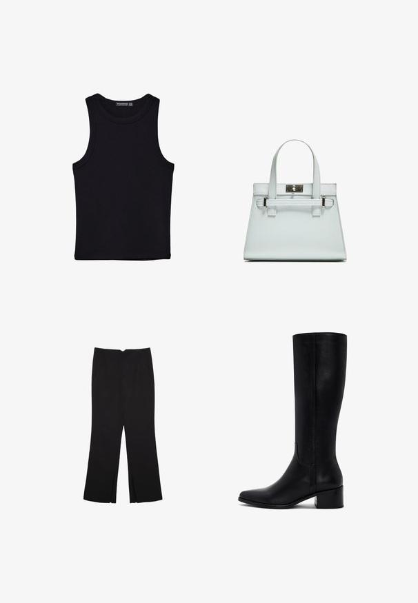 Czarny top na ramionczkach wykonany z bawełny, z okrągłym dekoltem i szerokimi wycięciami na ramionach. Gładka tekstura z przeszytymi brzegami. Klasyczny, minimalistyczny design.; Czarne spodnie o prostym kroju, z przednimi kieszeniami i bocznymi rozcięciami na dole. Wykonane z miękkiego, gładkiego materiału. Odpowiednie na różne okazje.; Czarne skórzane botki za kolano z szpiczastym noskiem, blokowym obcasem i gładką teksturą. Cechuje się prostym wzornictwem z minimalnymi detalami.; Jasnoniebieska torebka o strukturalnym designie, z dwoma uchwytami i zapięciem w srebrnym odcieniu. Teksturowany materiał i ostre krawędzie.
