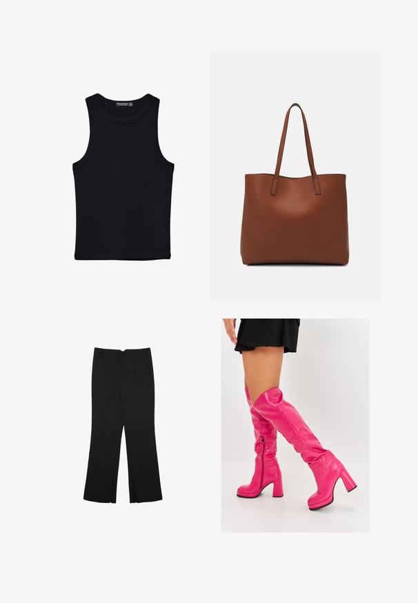 Černý top na ramínka vyrobený z bavlny, s kulatým výstřihem a širokými průramky. Hladká textura s prošitými lemy. Klasický, minimalistický design.; Černé kalhoty s rovným střihem, s předními kapsami a bočními rozparky na lemu. Vyrobené z jemné, hladké tkaniny. Vhodné na různé příležitosti.; Růžové kozačky nad kolena vyrobené z hladké kůže s chunky vysokým podpatkem a bočním zipem, se sklopeným vrškem pro přidaný designový prvek.; Hnědá kožená taška přes rameno s hladkou texturou, otevřeným designem a dvěma ramenními popruhy. Obsahuje minimální švy a žádné viditelné kovové prvky.