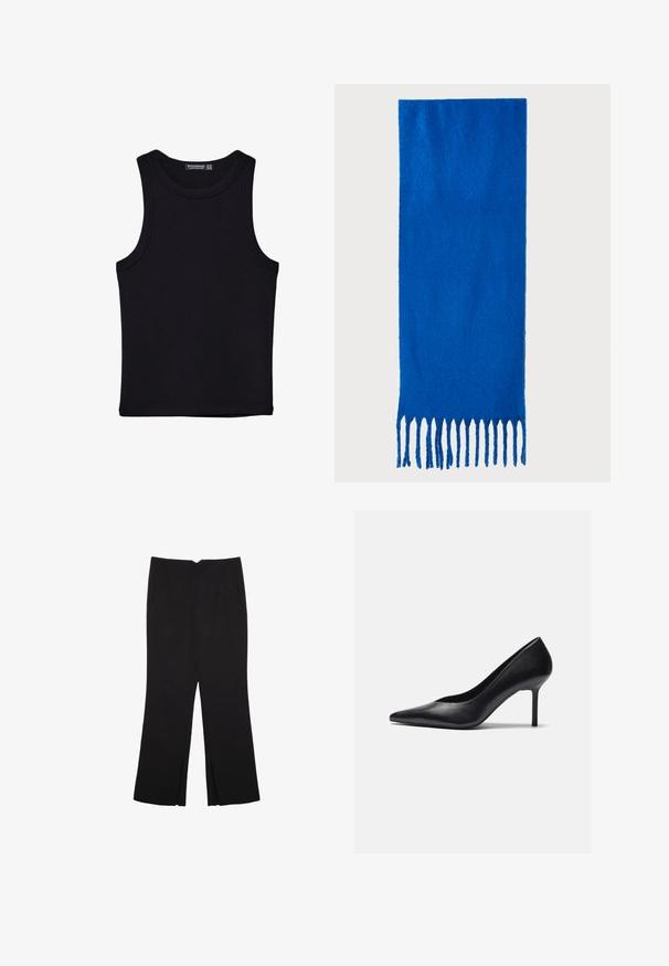 Musta hihaton paita, joka on valmistettu puuvillasta, ja jossa on pyöreä kaula-aukko sekä leveät kainaloaukot. Silkkinen pinta ja ommellut reunat. Klassinen, minimalistinen muotoilu.; Mustat housut suoralinjaisella leikkauksella, joissa on etutaskut ja sivurei'ät helman alla. Valmistettu pehmeästä ja sileästä kankaasta. Sopii eri tilaisuuksiin.; Mustakalla nahkakengät, joissa on terävä kärki ja kapea stilettokorko, jossa on sileä pinta ja vähäeleinen muotoilu.; Sininen fringekangas, joka on valmistettu pehmeästä materiaalista; siinä on yksivärinen pinta ja tasaisesti leikattu fringejalkeen alareunassa.