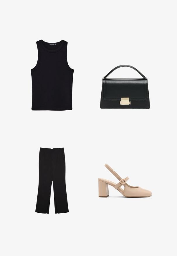 Čierny tank top vyrobený z bavlny, s okrúhlym výstrihom a širokými ramienkami. Hladká textúra so zošitými okrajmi. Klasický, minimalistický dizajn.; Čierne nohavice so strihom rovného strihu, s prednými vreckami a bočnými rozparkami na leme. Vyrobené z mäkkej, hladkej tkaniny. Vhodné na rôzne príležitosti.; Béžové kožené lodičky na pásku s okrúhlou špičkou, širokým blokovým podpätkom a kruhovou sponou na remienku. Hladký povrch.; Čierna kožená kabelka so štruktúrovaným prevedením, horným madlom a detailom zlatého kovového uzáveru na prednej strane. Hladká textura, minimálne šitie.