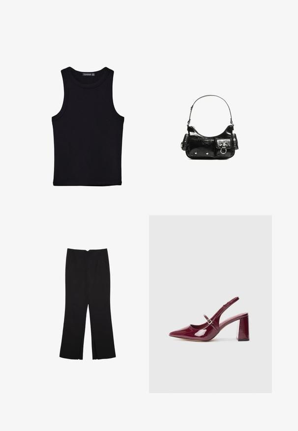 Black tank top made of cotton, featuring a round neckline and wide armholes. Smooth texture with stitched hems. Classic, minimalist design.; Black trousers with a straight fit, featuring front pockets and side slits at the hem. Made of soft, smooth fabric. Suitable for various occasions.; Burgundy patent leather slingback heels with a pointed toe and a medium block heel. Features a buckle strap and a smooth glossy finish.; Black patent leather handbag with a curved shape, one shoulder strap, front pockets, and silver-tone hardware accents.